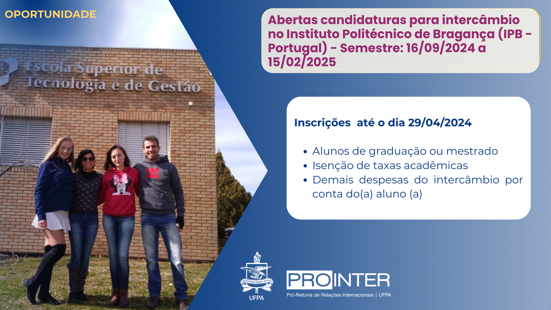 Abertas Candidaturas Mobilidade Internacional IPB - semestre de set/2024 a fev/2025