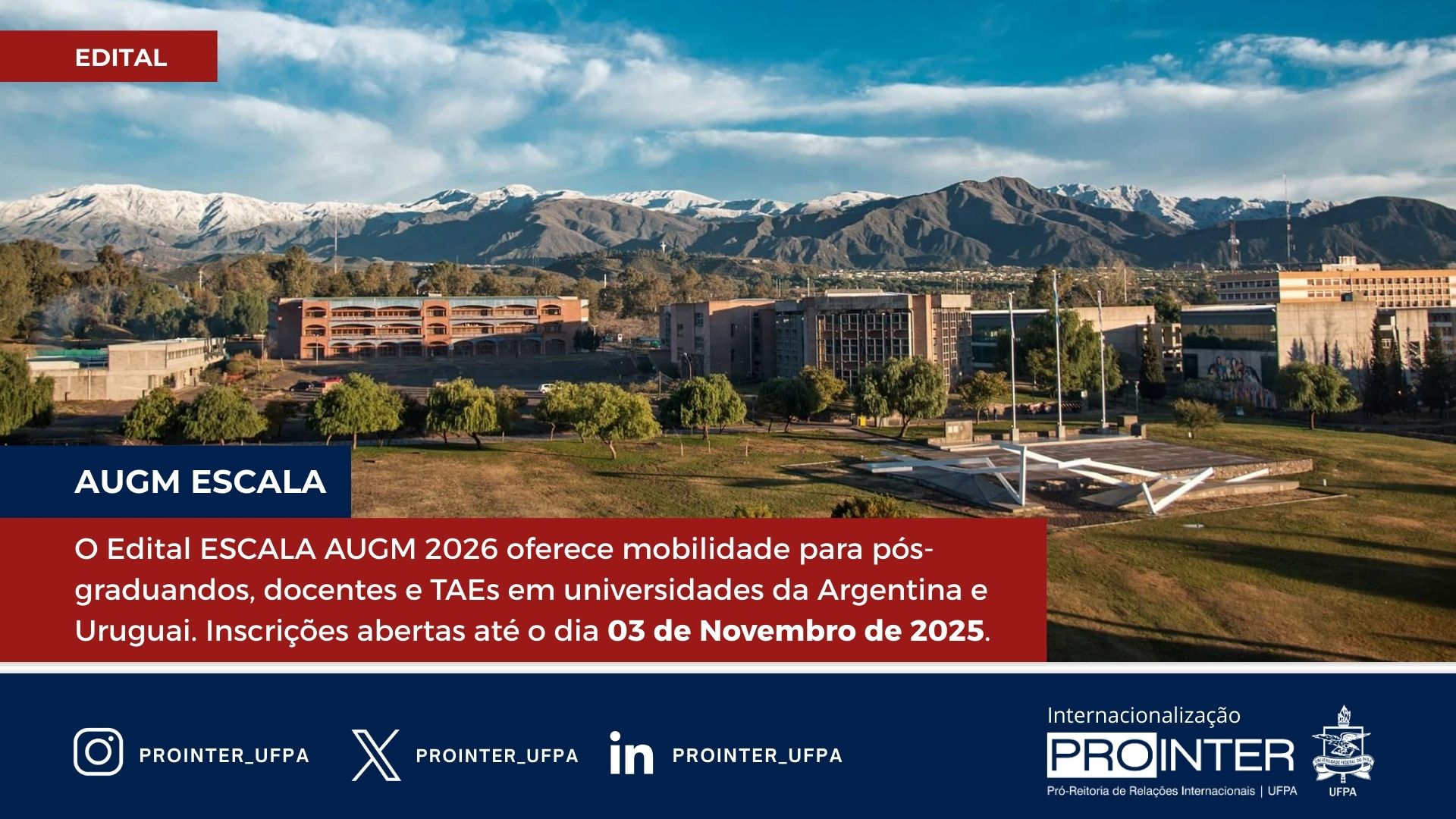 PROINTER lança edital de pré-seleção para Programa ESCALA AUGM – 2026.1 (discentes de pós-graduação stricto-sensu, docentes e TAEs)